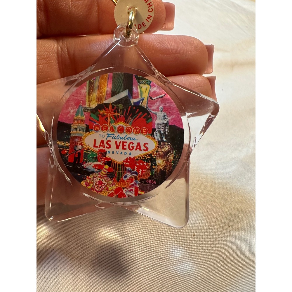 Vintage Las Vegas Souvenir Keychain Clear Acrylic Star Welcome Sign Collage